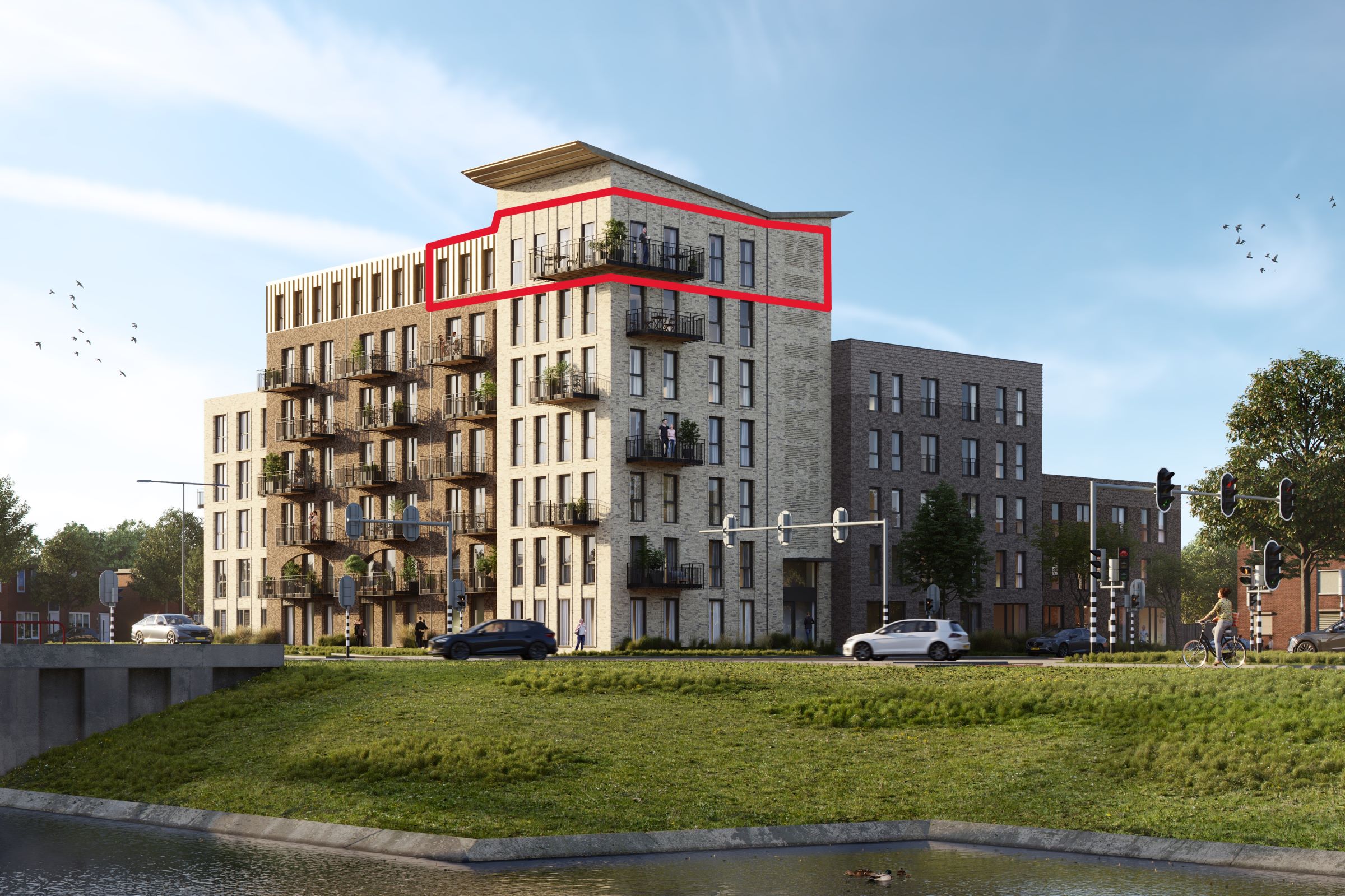 Impressie van Kop Keersluis met Penthouse Bouwnummer 45 rood omlijnd